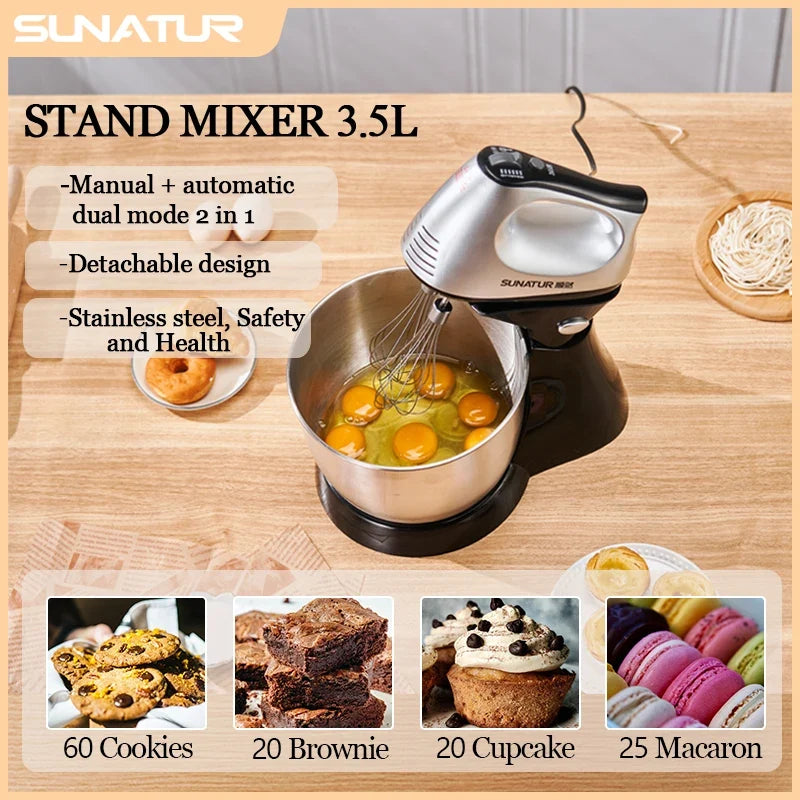 SUNATUR 2-in-1 Stand & Hand Mixer-5-Speed Electric Mixer with 3.5L Stainless Steel Bowl& Attachments