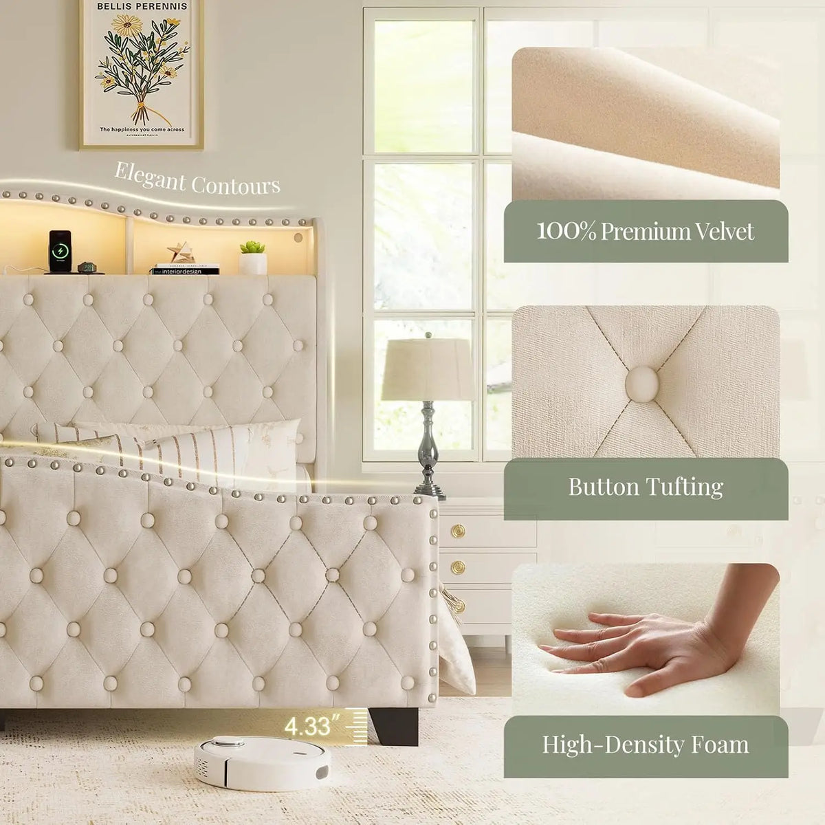 King Size Platform Bed Frame with 50.9" LED Headboard, Beige, Custom