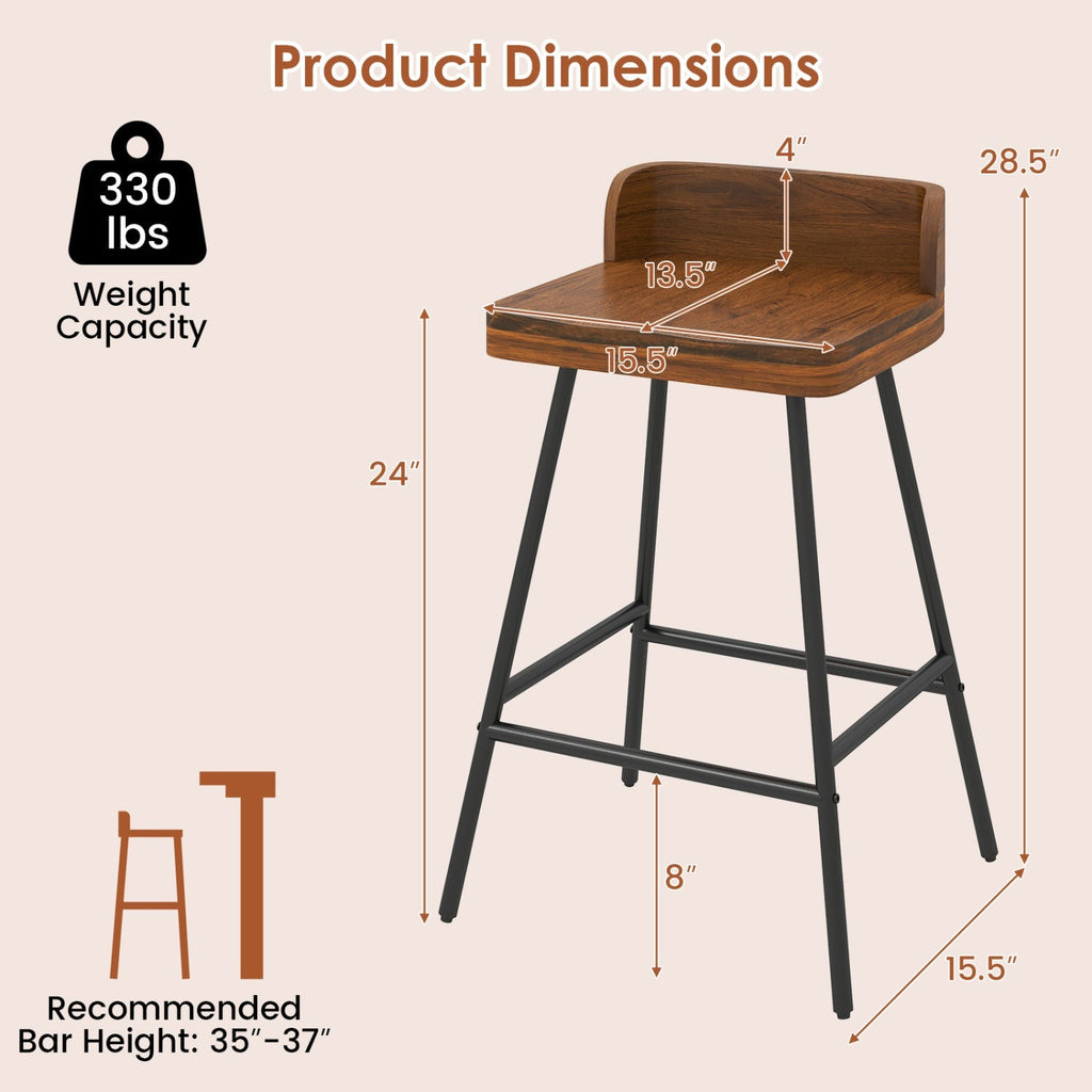 24" Industrial Bar Stool with Low Back - Set of 4