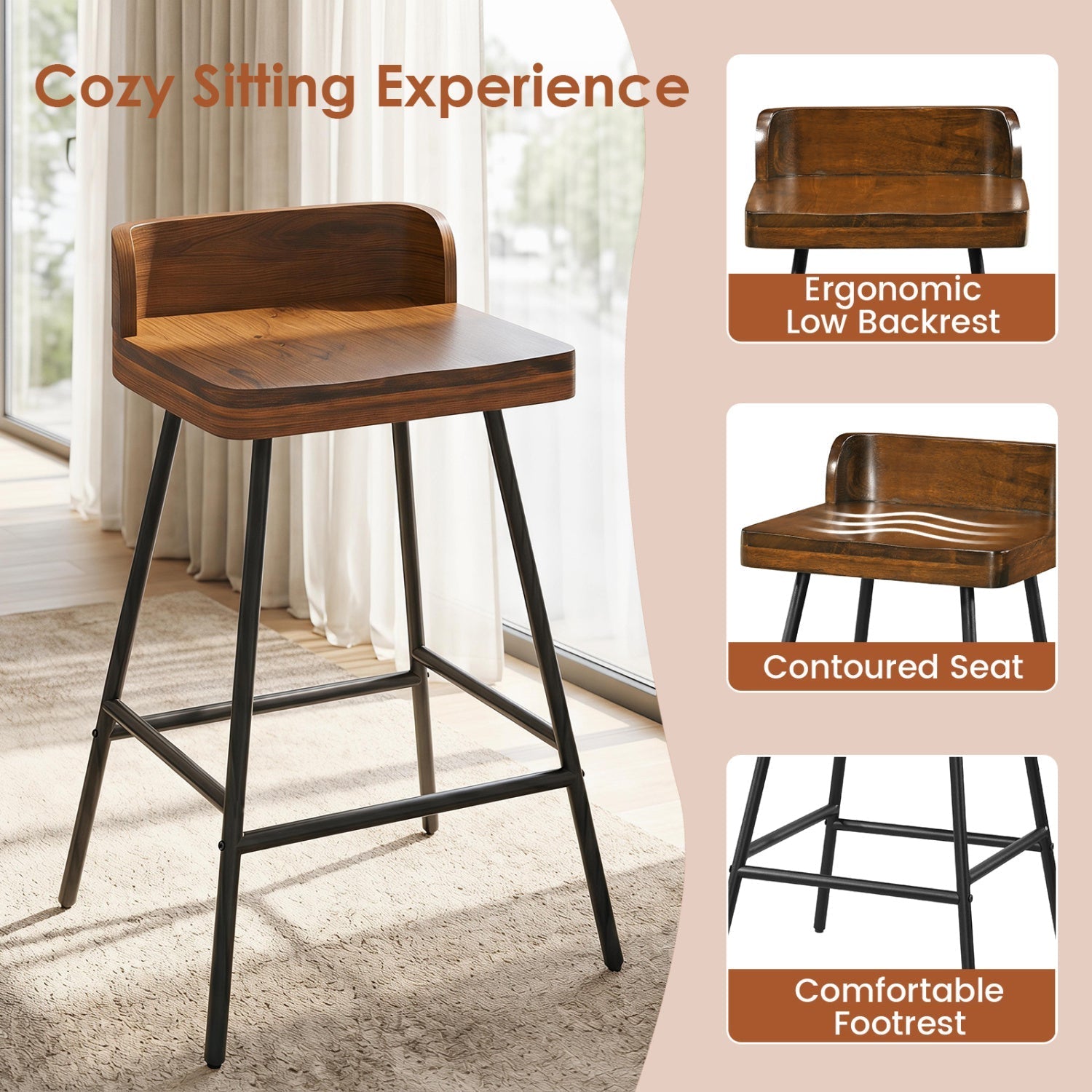 24" Industrial Bar Stool with Low Back - Set of 4