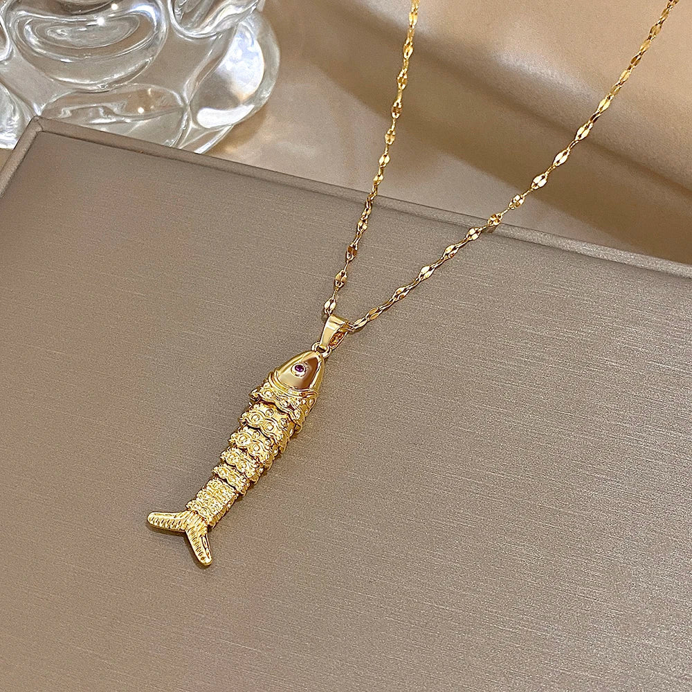 18K Gold Plated Stainless Steel Fish Pendant Necklace For Women Creative Ocean Series Clavicle Choker Chain Jewelry Gifts