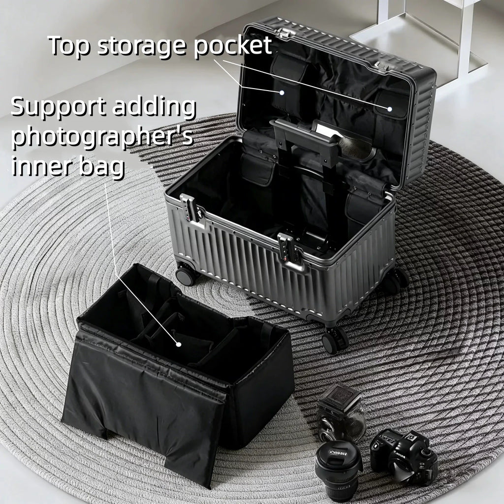 Top Opening Suitcase 18inch Boarding Carry-on Travel Photographer Rolling Luggage PC Material with Aluminum Alloy Frame TSA Lock
