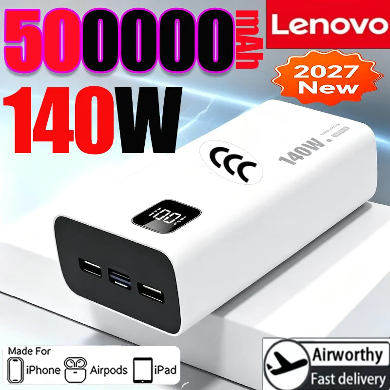 Lenovo 500000mAh CCC Power Bank Portable Large Capacity 140W Super Fast Charging Battery Charger for Xiaomi iPhone 2027NEW