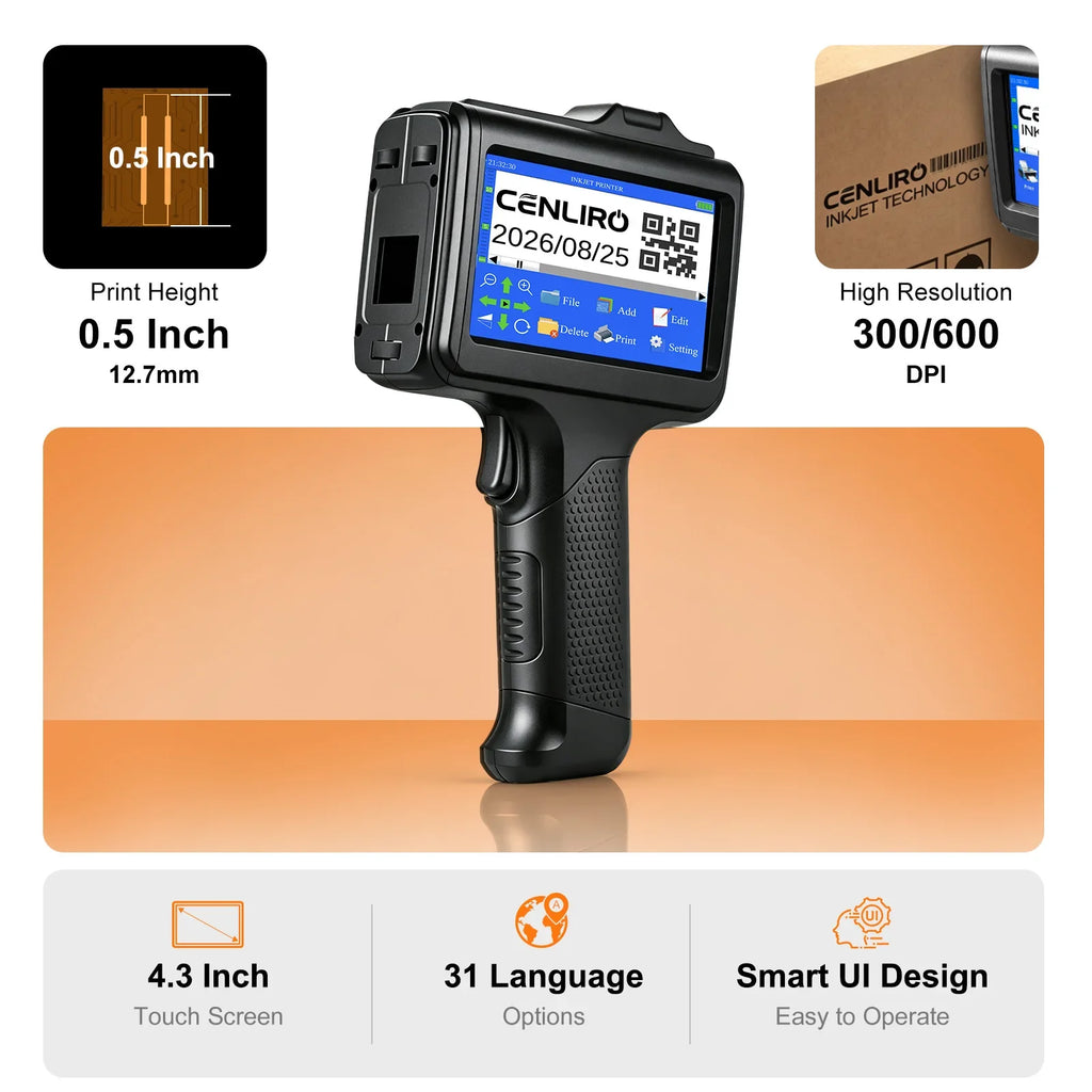 Cenliro Upgrated Handheld Inkjet Printer CL12B with Black Fast-drying Ink Cartridge for Date Batch Number Logo QR Code 600DPI