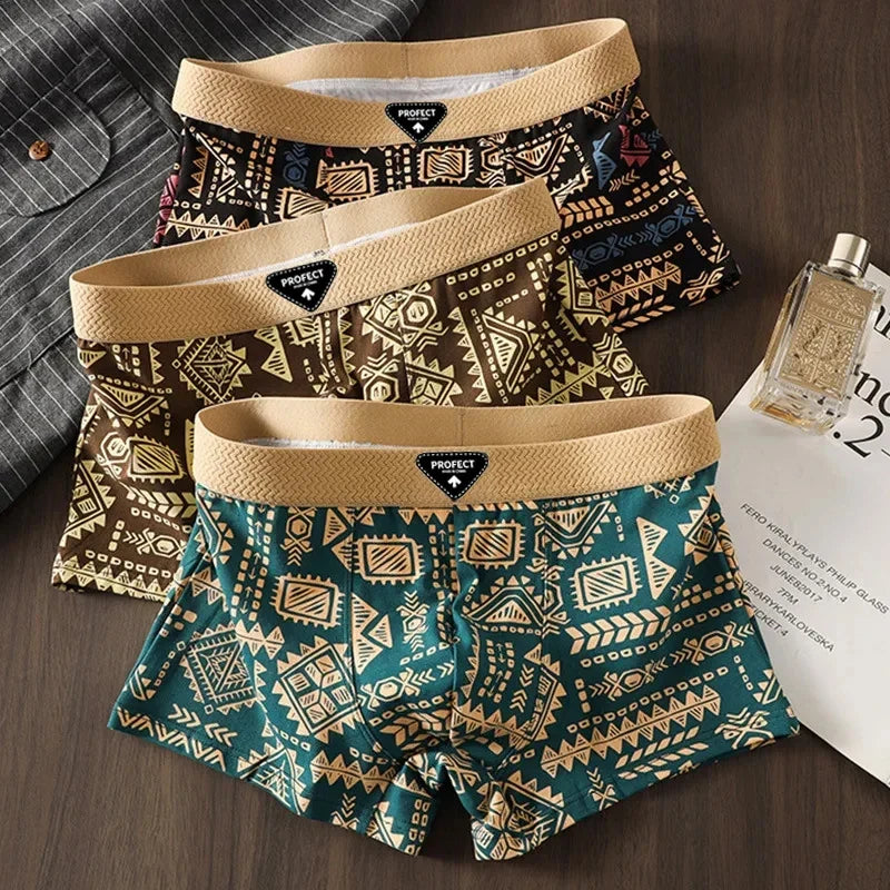 3pcs New Men's Underwear, Comfortable and Breathable Boxer Briefs, Trendy Retro Ethnic Style, Mid-Rise Shorts for Men