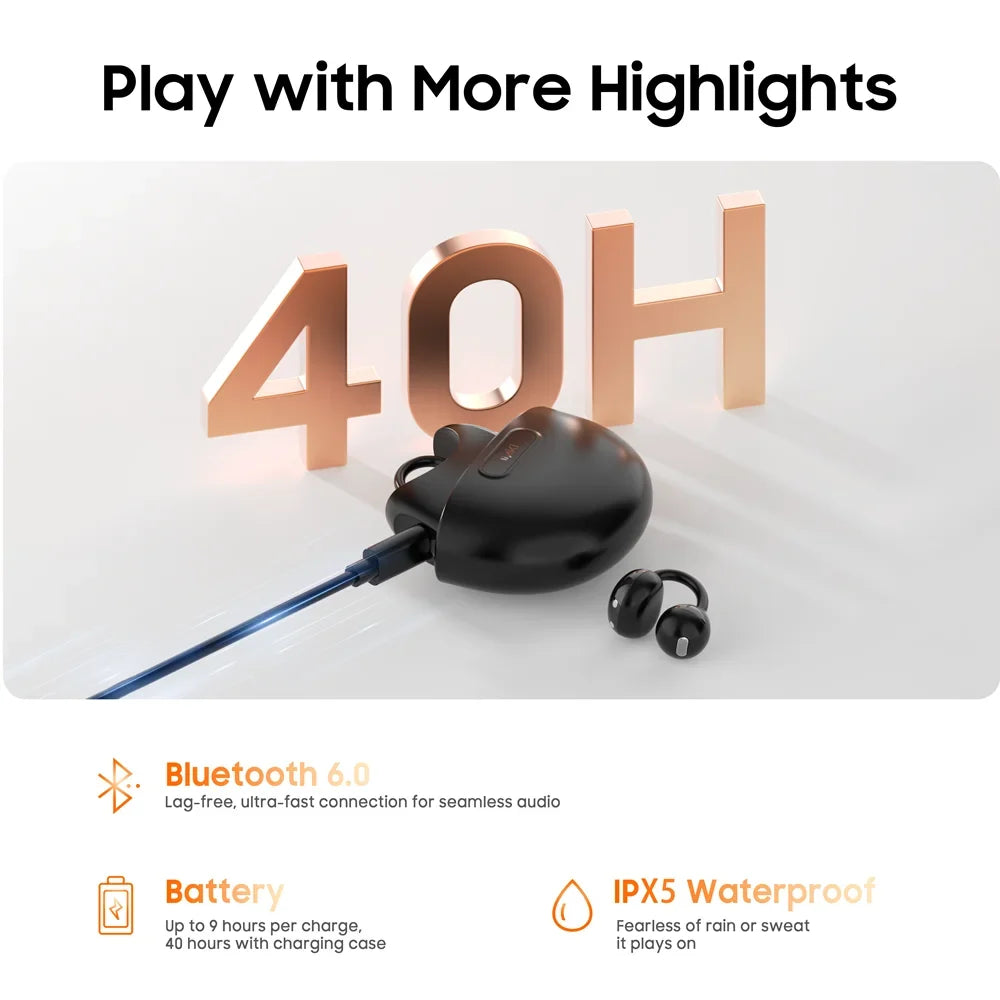 IMIKI SP2 Clip On Earbuds Open Ear Wireless Bluetooth 5.4 Ear Clip Headphones 4 Mics ENC Clear Call  Waterproof Sports Earphones