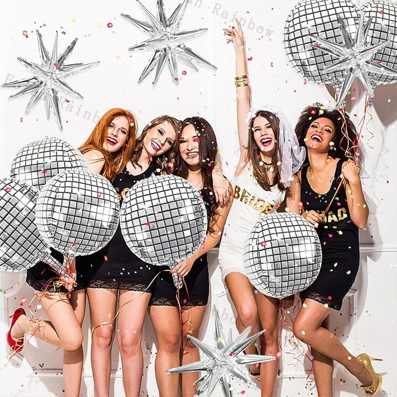 10/22inch 4D Silver Disco Ball Explosion Star Balloon Metallic Disco Balloon Set for Disco Party Wedding Birthday Party