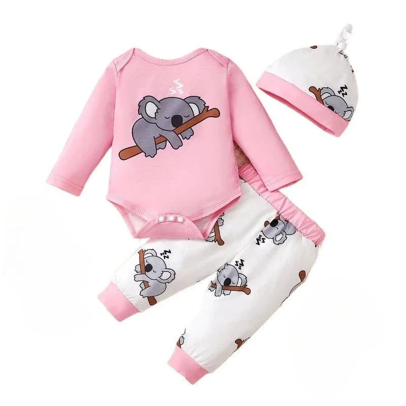 Newborn Baby Girl Clothing set Cute Koala Long Sleeve Top+ Pants+Hat 3PCS Outfits for 1-18 Months Infant Girl Spring&Autumn Wear