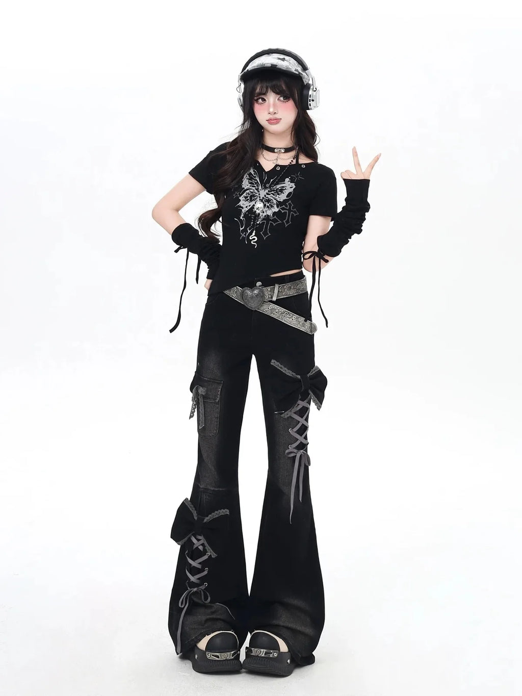 Y2K Bow Jeans Women 3D Design High Waist Slim Fit Flared Pants Spicy Girl