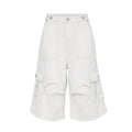 PBAP White Cargo Jean Shorts Women Big Pockets Casual Wide Leg Pleats Adjust Waist Baggy Bermuda Pants Hiphop Vintage Streetwear