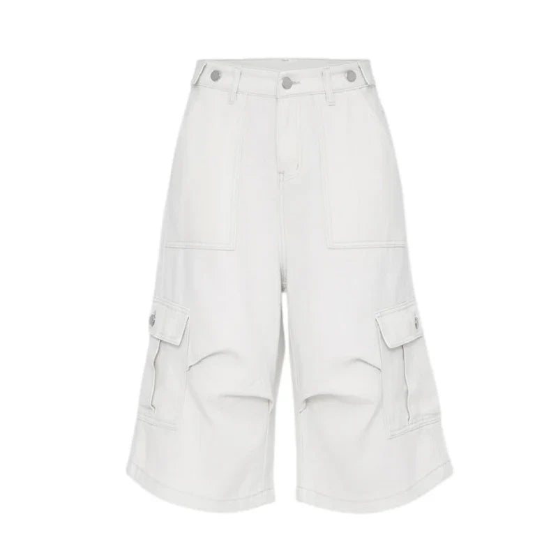 PBAP White Cargo Jean Shorts Women Big Pockets Casual Wide Leg Pleats Adjust Waist Baggy Bermuda Pants Hiphop Vintage Streetwear