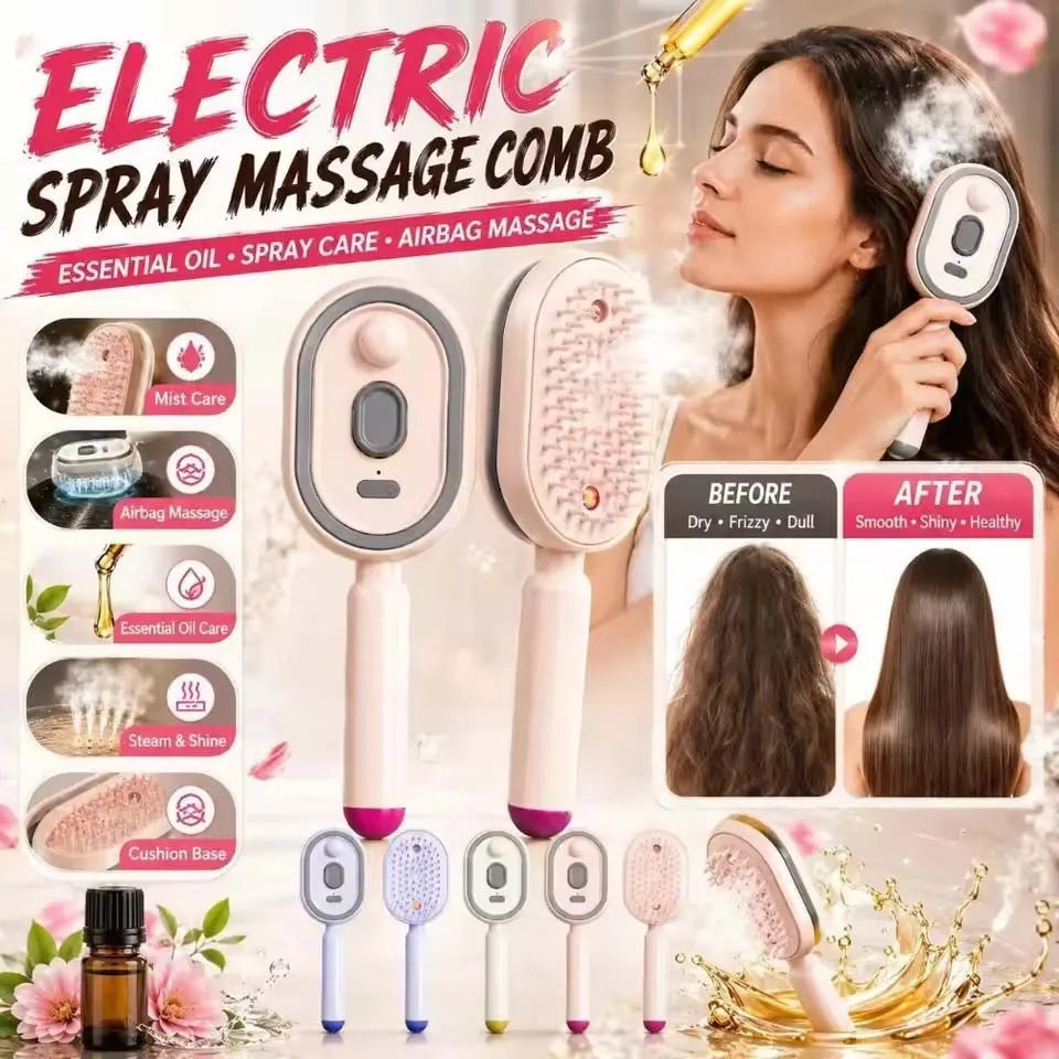 2026 Electric Steaming Hair Straightener Brush Electric Spray Air Cushion Massage Hair Brush Rechargeable Detangling Steam Brush
