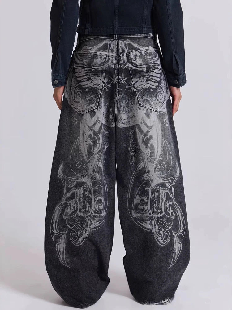 HOUZHOU Y2k Gothic Vintage Graphic Women Man Ripped Jeans Grunge Washed Wide Leg American Style Denim Trousers Baggy High Street