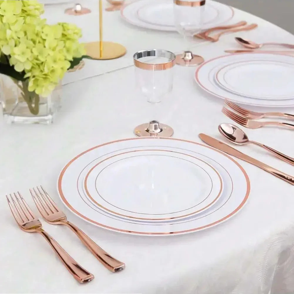 New Multi piece Set - Gold Platter Set, Plastic Tableware, Gold Edge Plate, Knife, Fork, Spoon, Party Wedding Set, Dessert Plate
