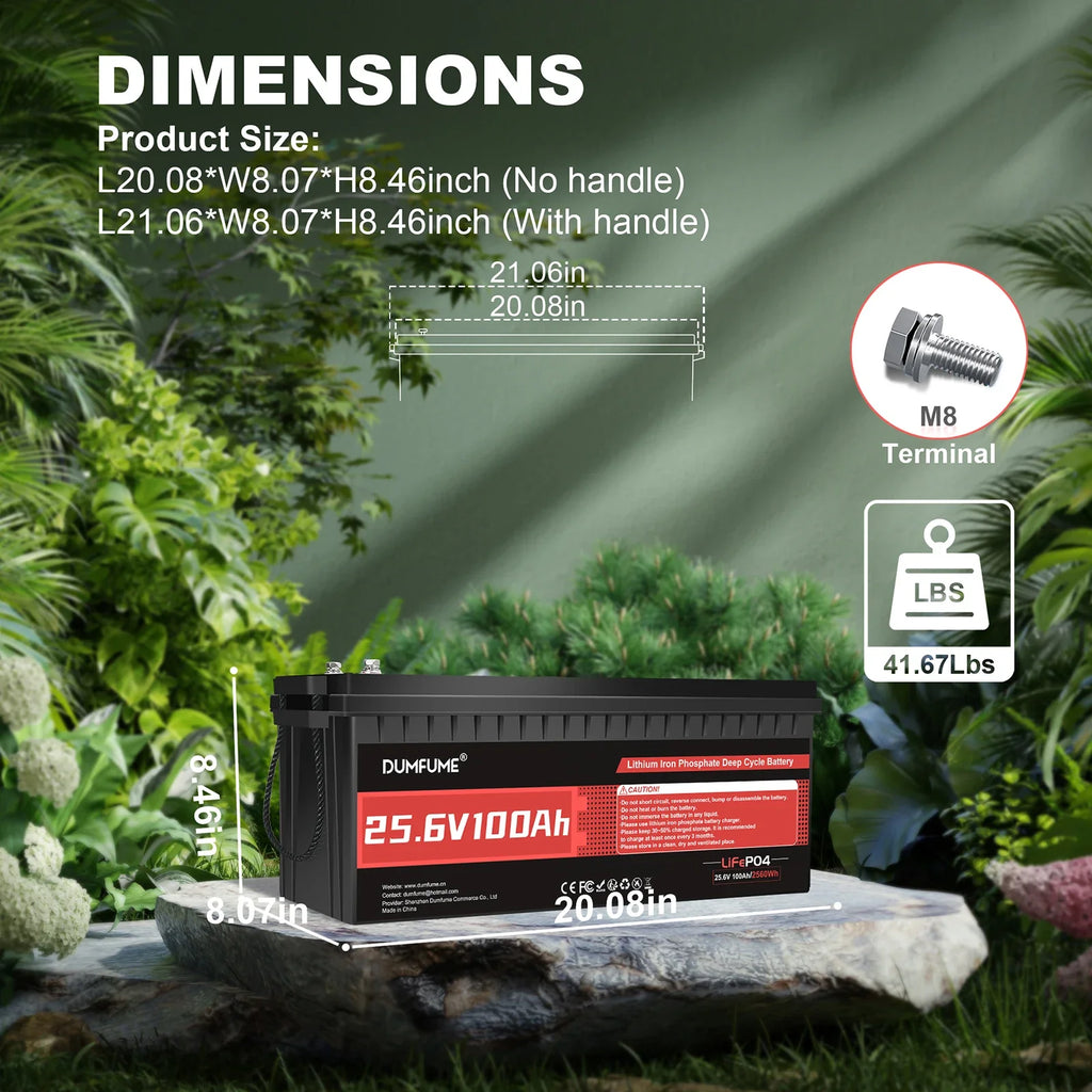 Dumfume 24V 100Ah LiFePO4 Lithium Battery With 100A BMS 2560W Power Output Solar Off-grid Systems Trolling Motor RV Home Backup
