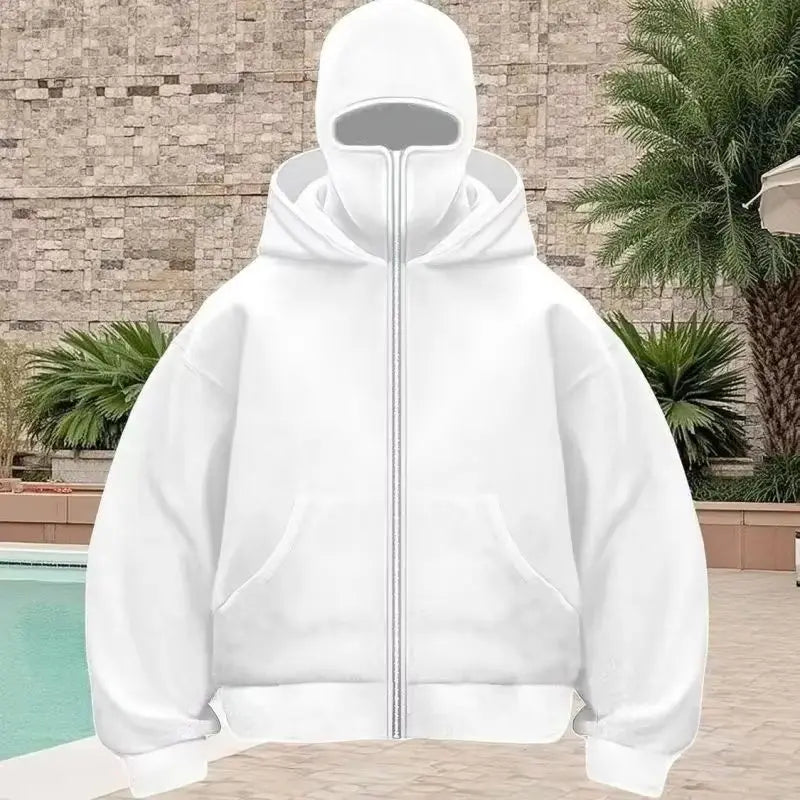 Men's Balaclava Zip Hoodie, Winter Warm Face Mask Hooded Jacket