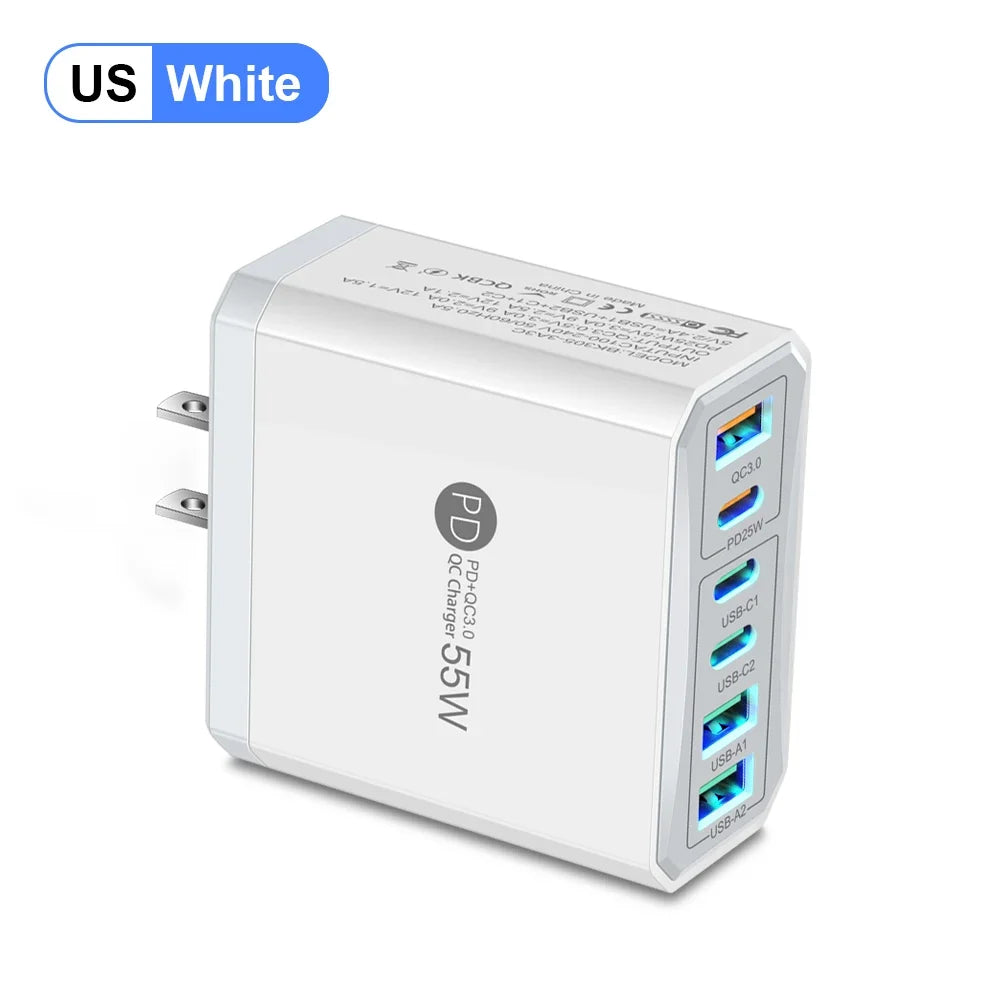 55W 3 USB 3 PD Charger Fast Charging QC3.0 Travel Charger For iPhone 15 14 Samsung Xiaomi Mobile Phone Adapter EU KR US UK Plug