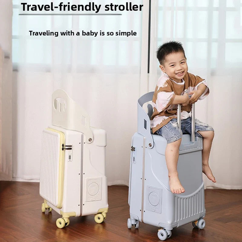 Baby Mother Travel Suitcase Children Can Sit and Ride Luggage with Cup Holder Trolley Case Lazy Walking Boarding Suitcases