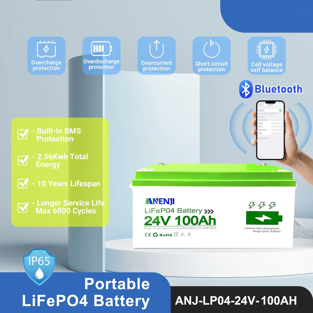 ANENJI 25.6V 100AH LiFePo4 Battery 24V 12V 100AH 1.256KWH 2.56KWH Grade A Cells Lithium Iron Phosphate Battery BMS 6000+ Cycle for Golf Cart