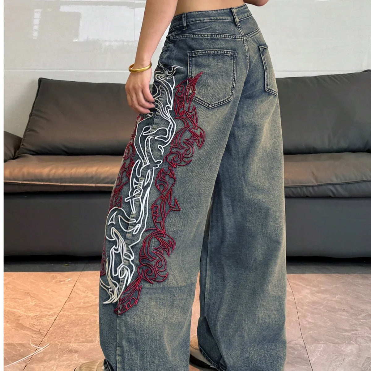 American Street Hot Item Women Vintage Mud Washed Wide Leg Jeans Abstract Side Embroidery High Waist Baggy Y2K Spicy Pants