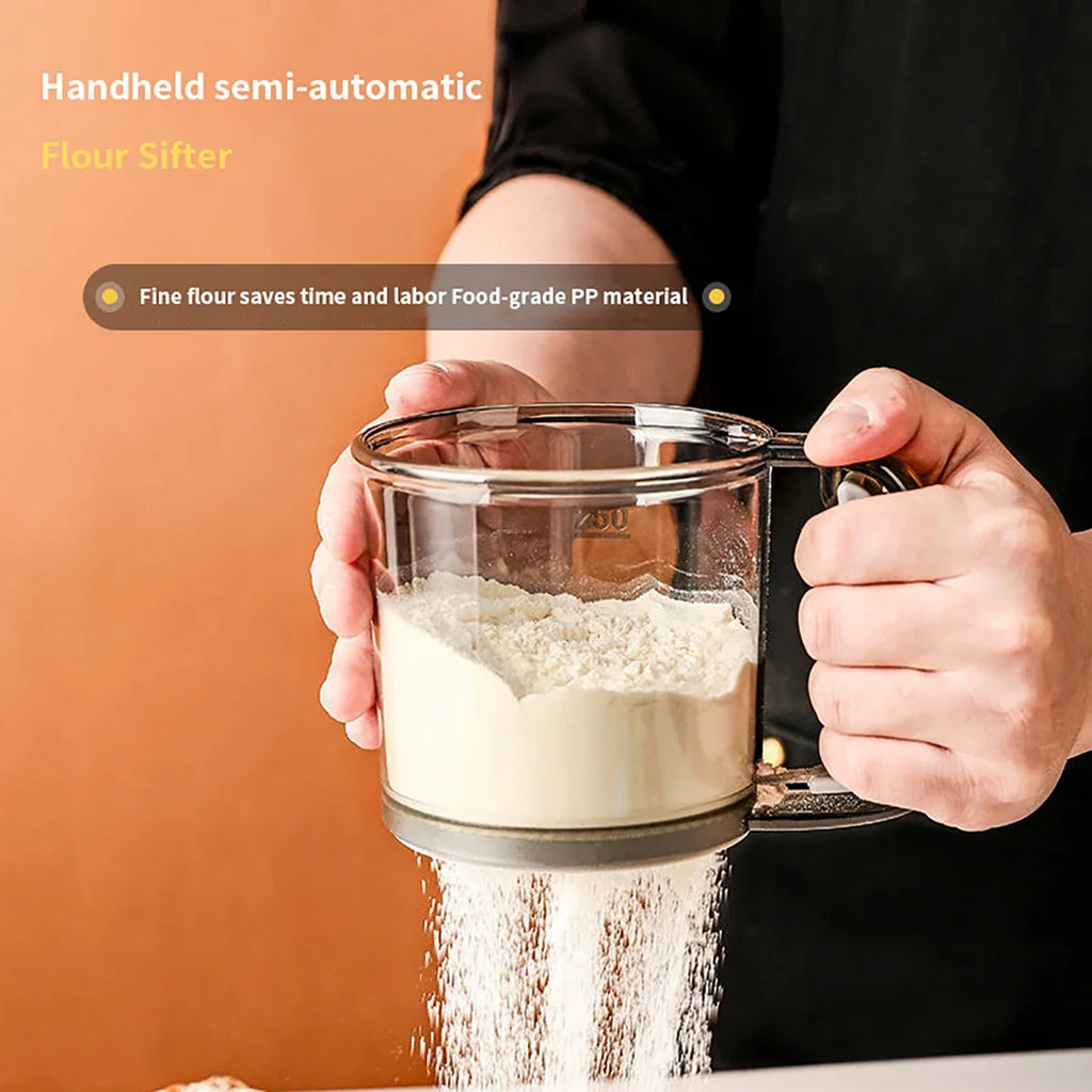 Kitchen baking, cake flour sieve, 40 mesh semi-automatic filter sieve, flour sieve with capacity scale
