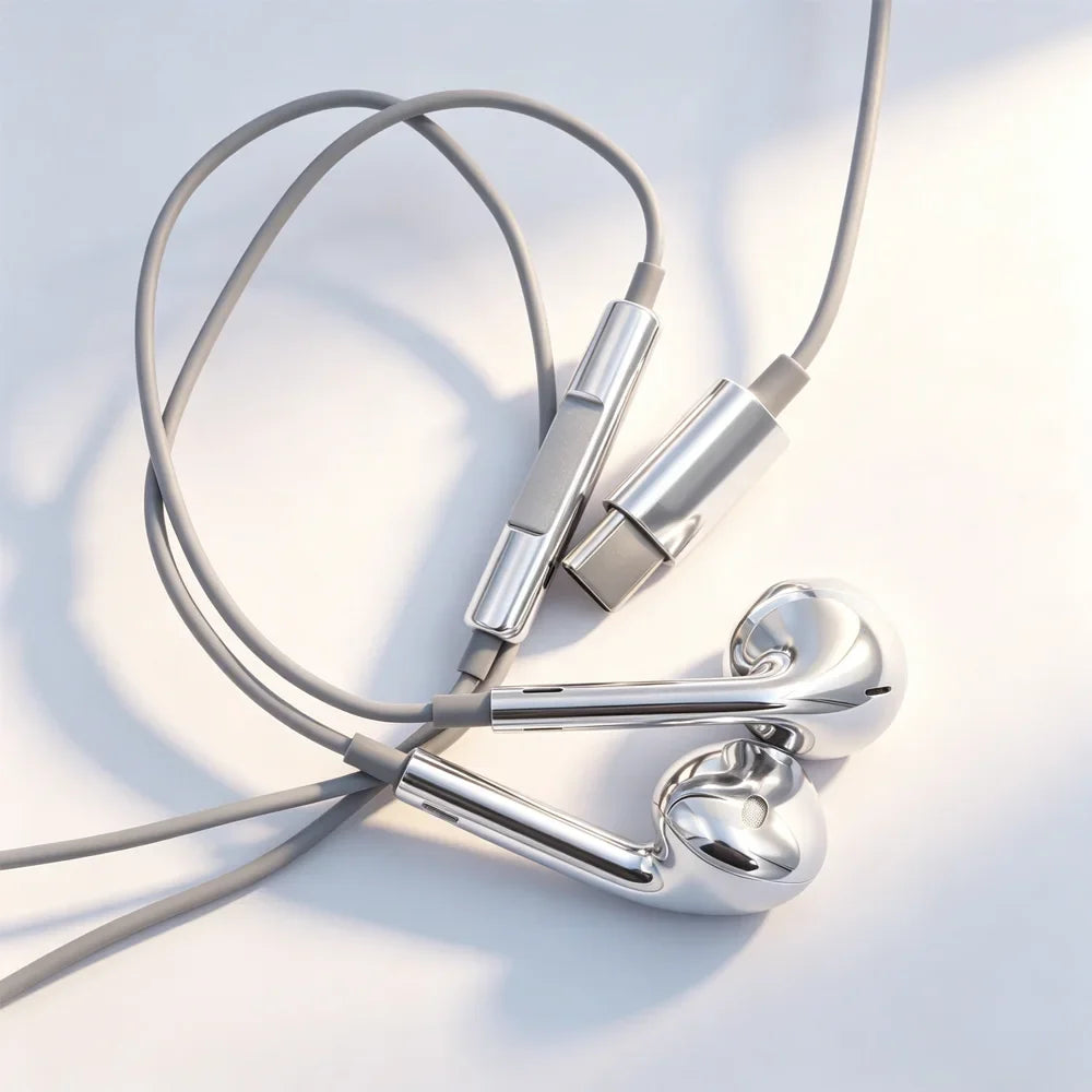 Fashion Silver Wired Type-C or Lightning In-Ear Earphones Compatible with Tablets Laptops - Headphones for General Use