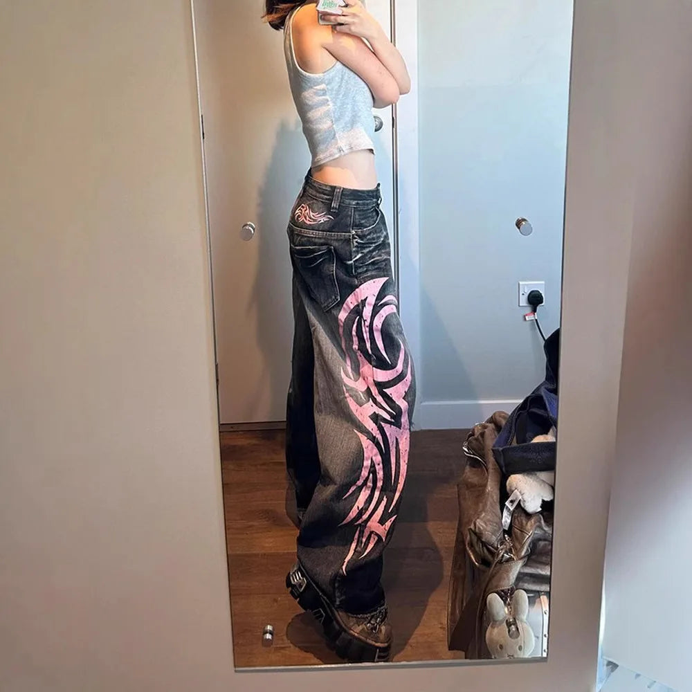 Y2K American Vintage Mottled Totem Print Baggy Jeans Women's High Waist Wide Leg Jeans Women's  Trendy Hip-hop Jeans