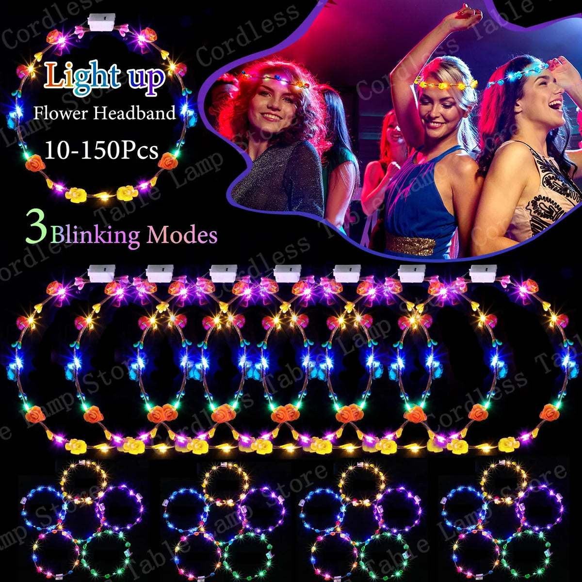 10-300pcs LED Flower Crowns Light Up Headbands Glowing Flower Crown Garland Glow in the Dark Headband for Wedding Party