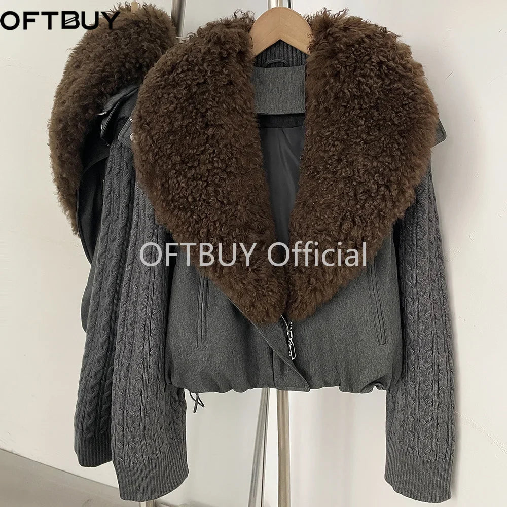 OFTBUY Women Winter Real Lamb Wool Fur Collar 90 White Duck Down Jacket Cable Knit Sleeve Zipper Drawstring Cropped Coat