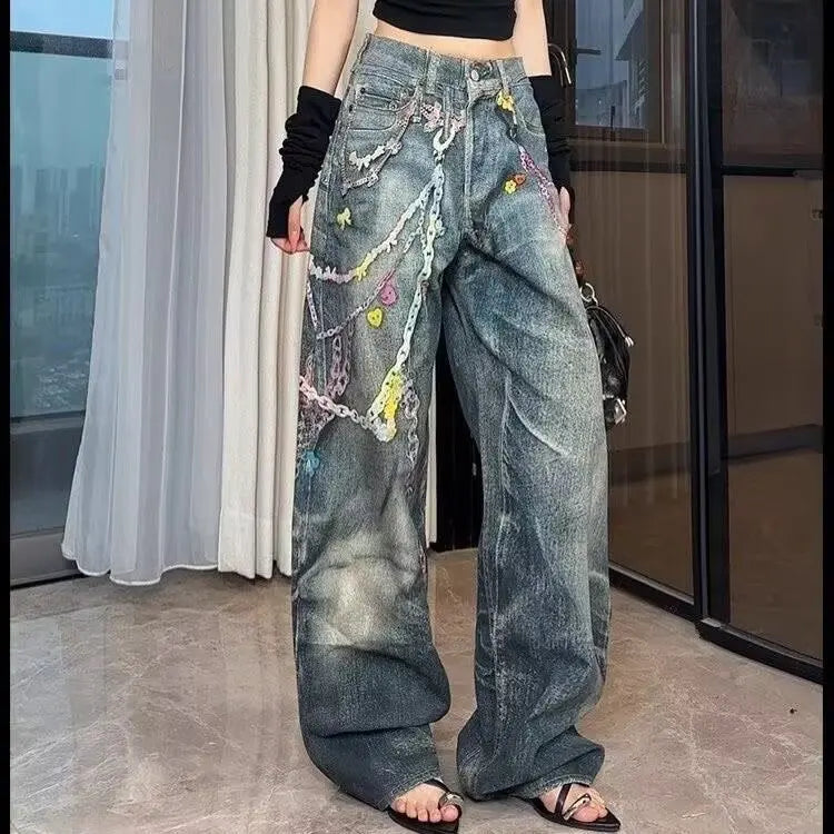 Y2K 3D Printed Jeans Girls Flower Chain American Style Versatile High Waisted Loose Straight Leg Floor Pants