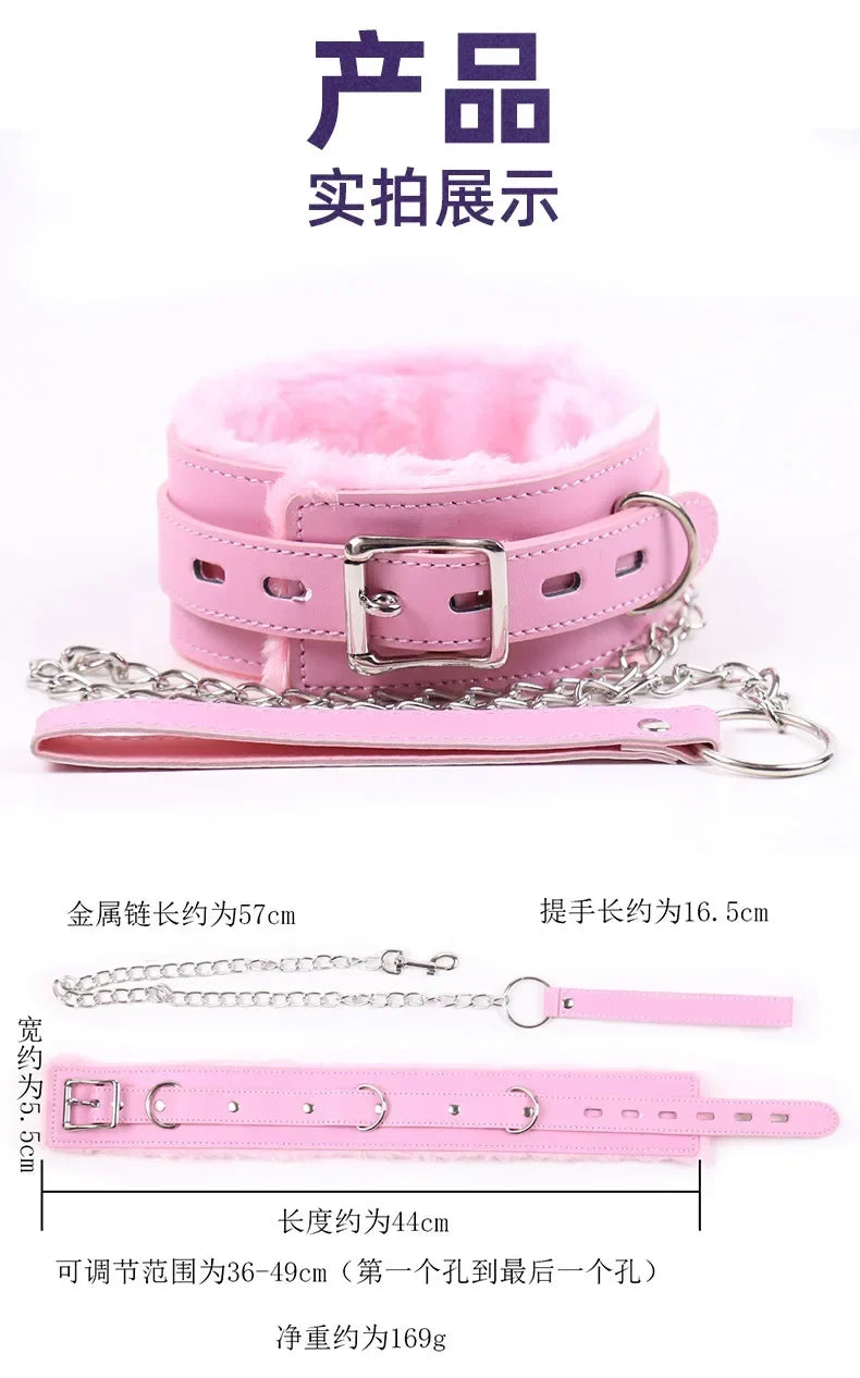 Adult sexy chain red leather thick plush collar dog chain ladies with sm bound collar toys.