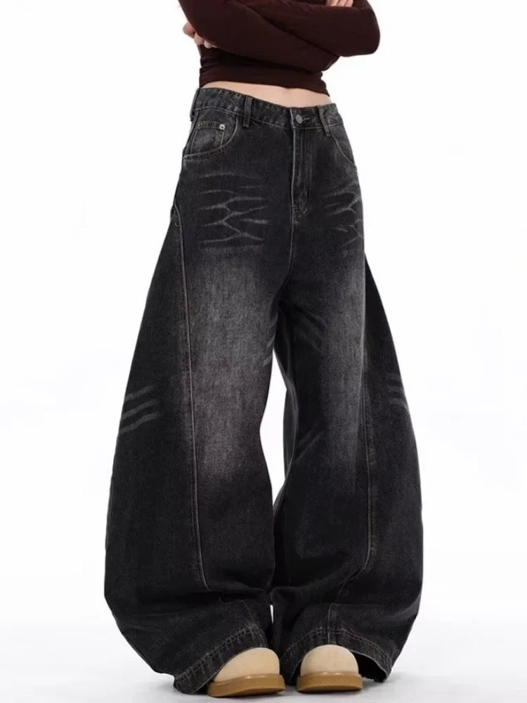 2026 Japanese Y2K Fashion Vintage Black Patchwork Baggy Women's Jeans Pants Wide Leg Woman Clothing Casual Cotton Denim Trousers