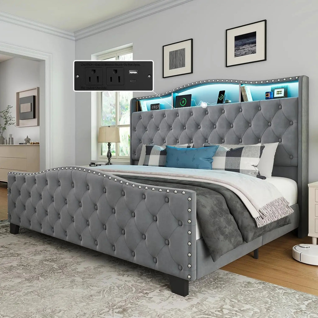 King Size Platform Bed Frame with 50.9" LED Headboard, Beige, Custom