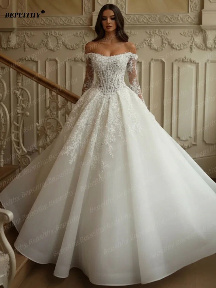BEPEITHY Customizd Off Shoulder Long Sleeves Princess Wedding Dresses 2026 Ivory Plus Size Crystal Bride Romantic Bridal Gown