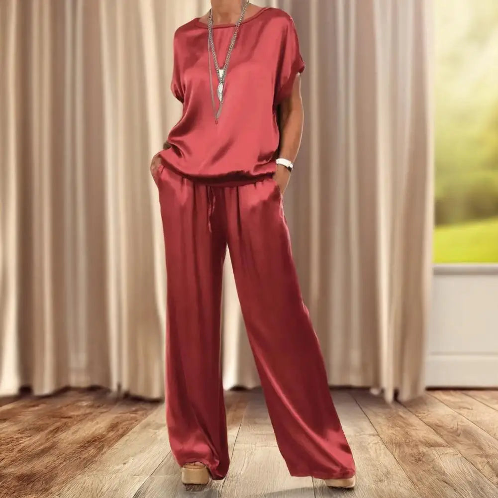 Simple Satin Women's Suits Summer Fashion Short Sleeve Loose Blouse Wide Leg Pants Two Piece Set For Women Casual Outfits