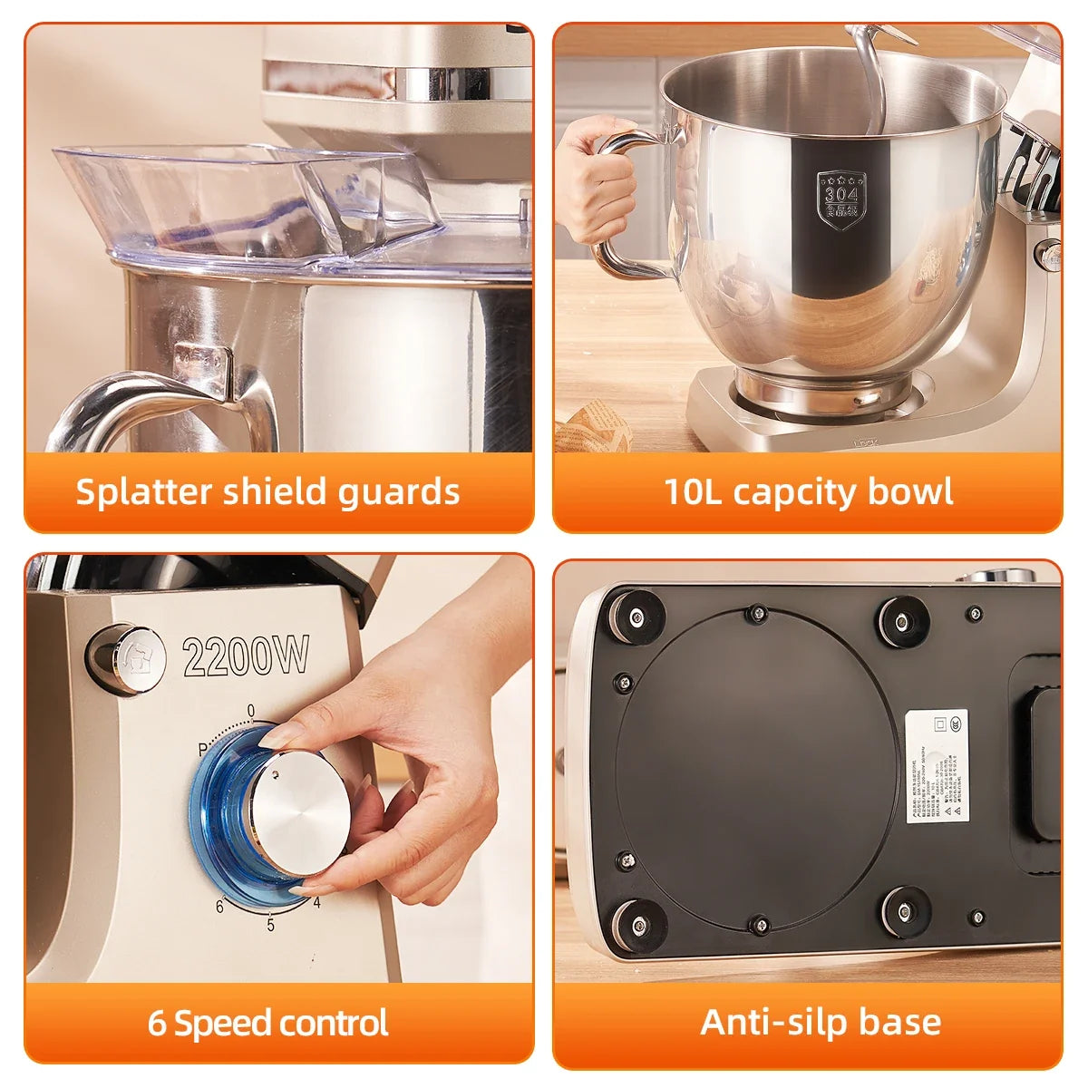 SUNATUR 10L Stand Mixer 2200W Stainless Steel Bowl,6-Speed Timing Fermentation Mixer,1 Year Warranty