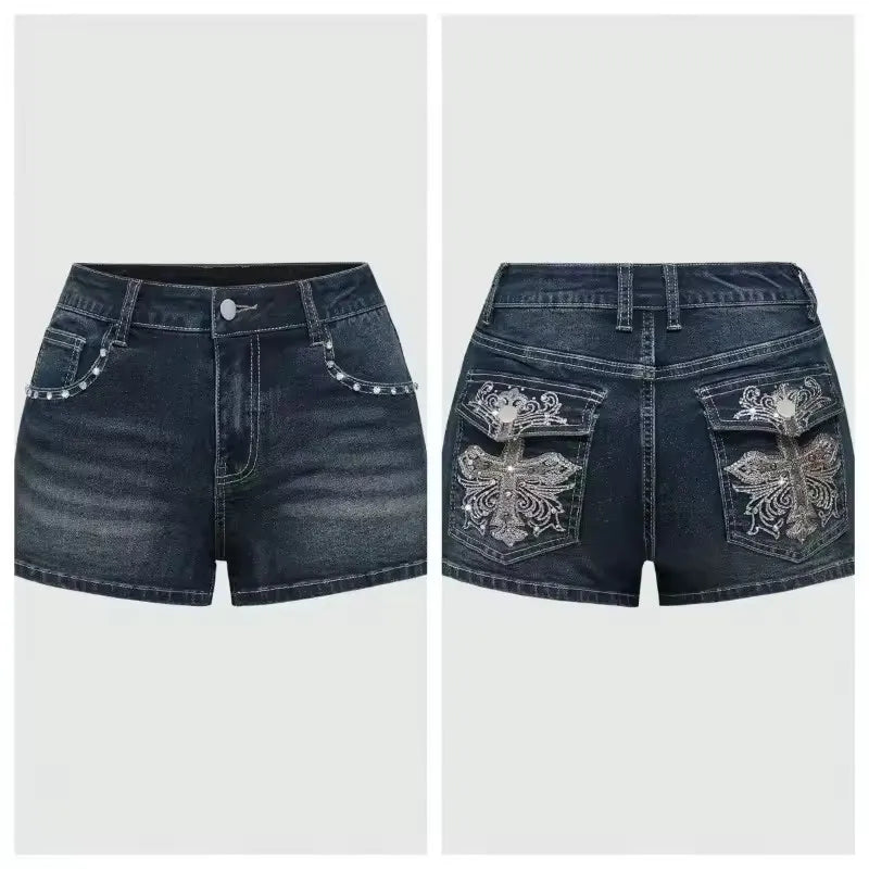 High Waist Distressed Denim Shorts Female Jeans Womens Jeans Shorts Vintage Y2K Punk Style Embroidered Hot Pants