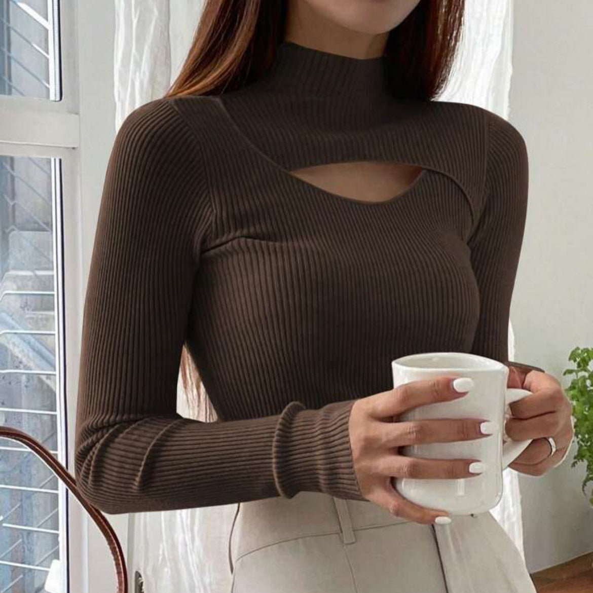 Women's Hollow-out Knit Sweater Mock Neck Sweater