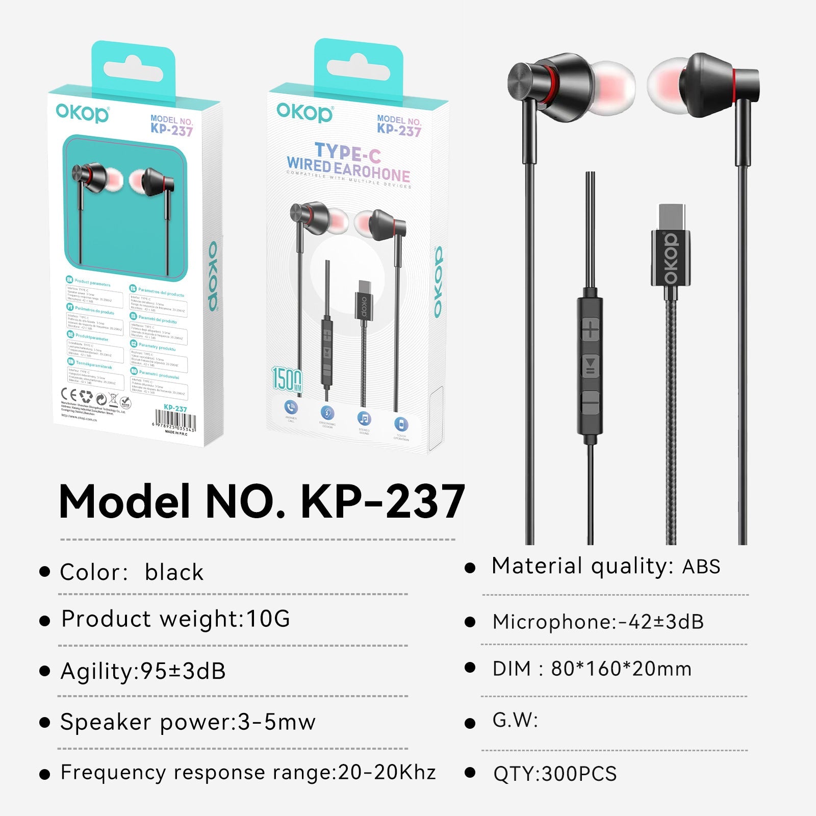KP-237 Best-selling Wired In-Ear Headphones With In-Line Controls USB-C High Audio Quality Zero Latency Compatible With Appl Android In Stock