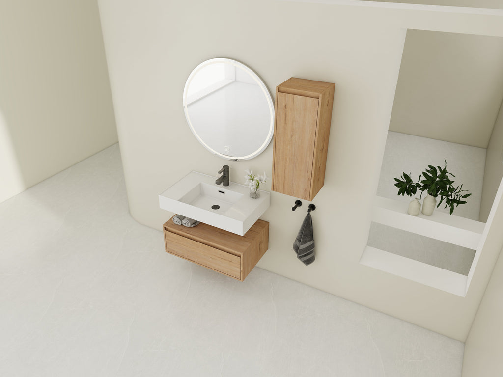 30 Inch Wall-Mounted Bathroom Vanity with Resin Sink and Side Cabinet