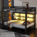 Metal Queen Over Queen Bunk Bed with Storage Cabinets and LED