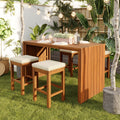 5 Piece Outdoor Bar Set, Patio Acacia Wood Bar Height Table & Stools