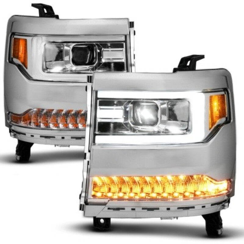 ANZO 16-18 Chevy Silverado1500 (Factory HID Models) LED Prj Light Bar Style Headlights Chrome - Pair 111625A