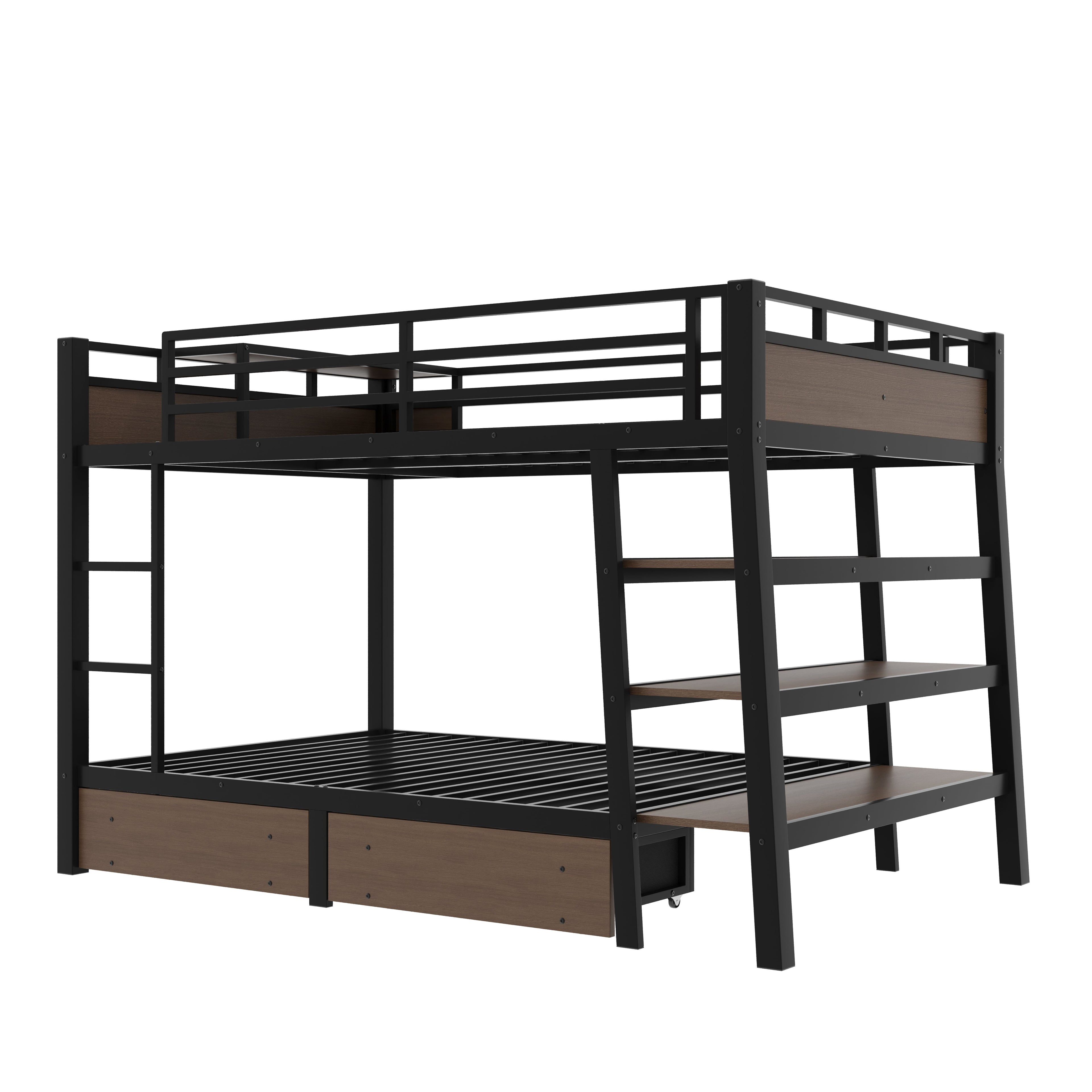 Full Size Metal Bunk Bed with Storage Shelves, LED Light Strip, and USB Power Strip