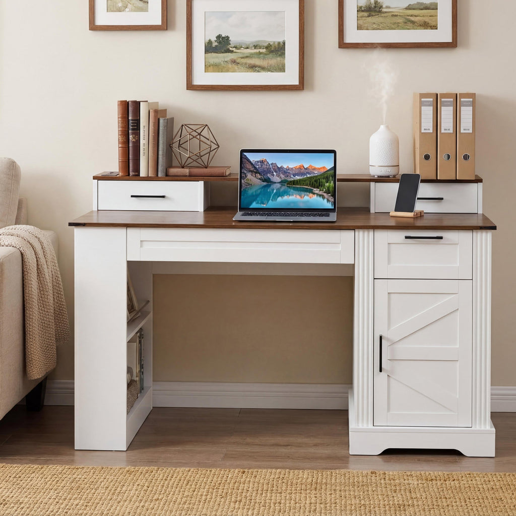 55" Farmhouse Office Desk with Storage Cabinet
