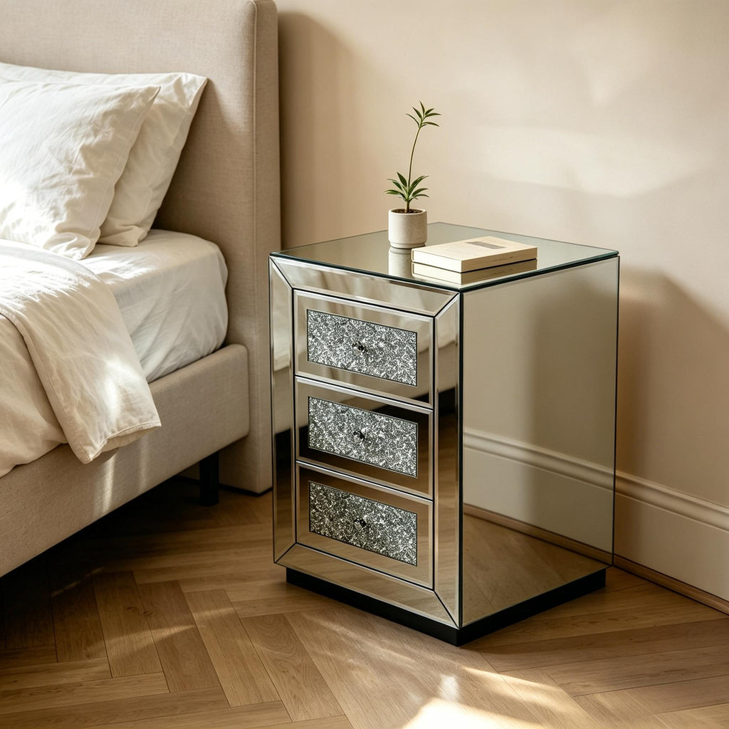 Mirrored Nightstand 3 Drawer