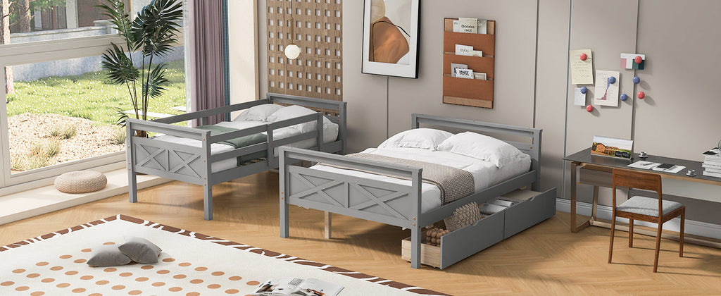 Twin Over Full Bunk Bed with Ladder, Two Storage Drawers, Safety Guardrail