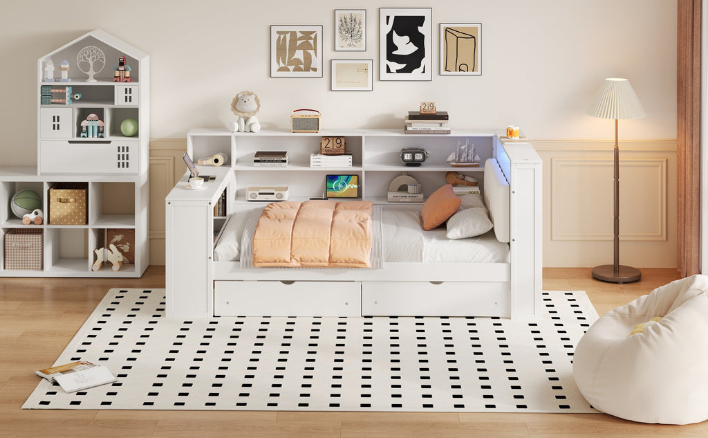 Wood Twin Size Platform Bed with Storage Shelves, Drawers, and LED