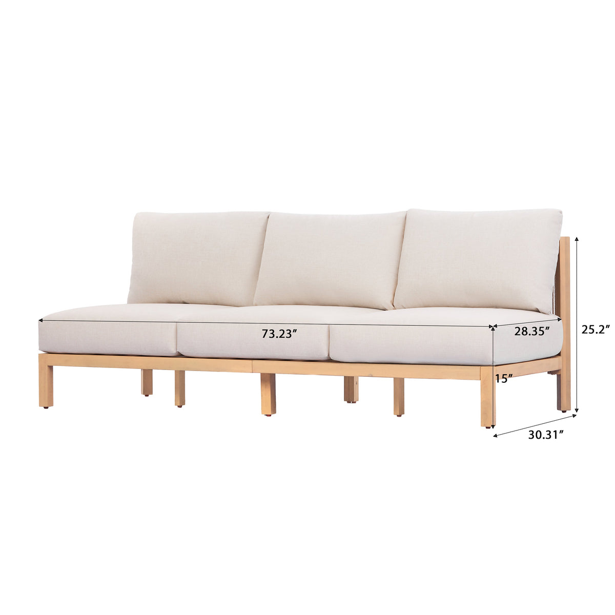 73.23" Outdoor Acacia Wood Frame Three-Seater Sofa