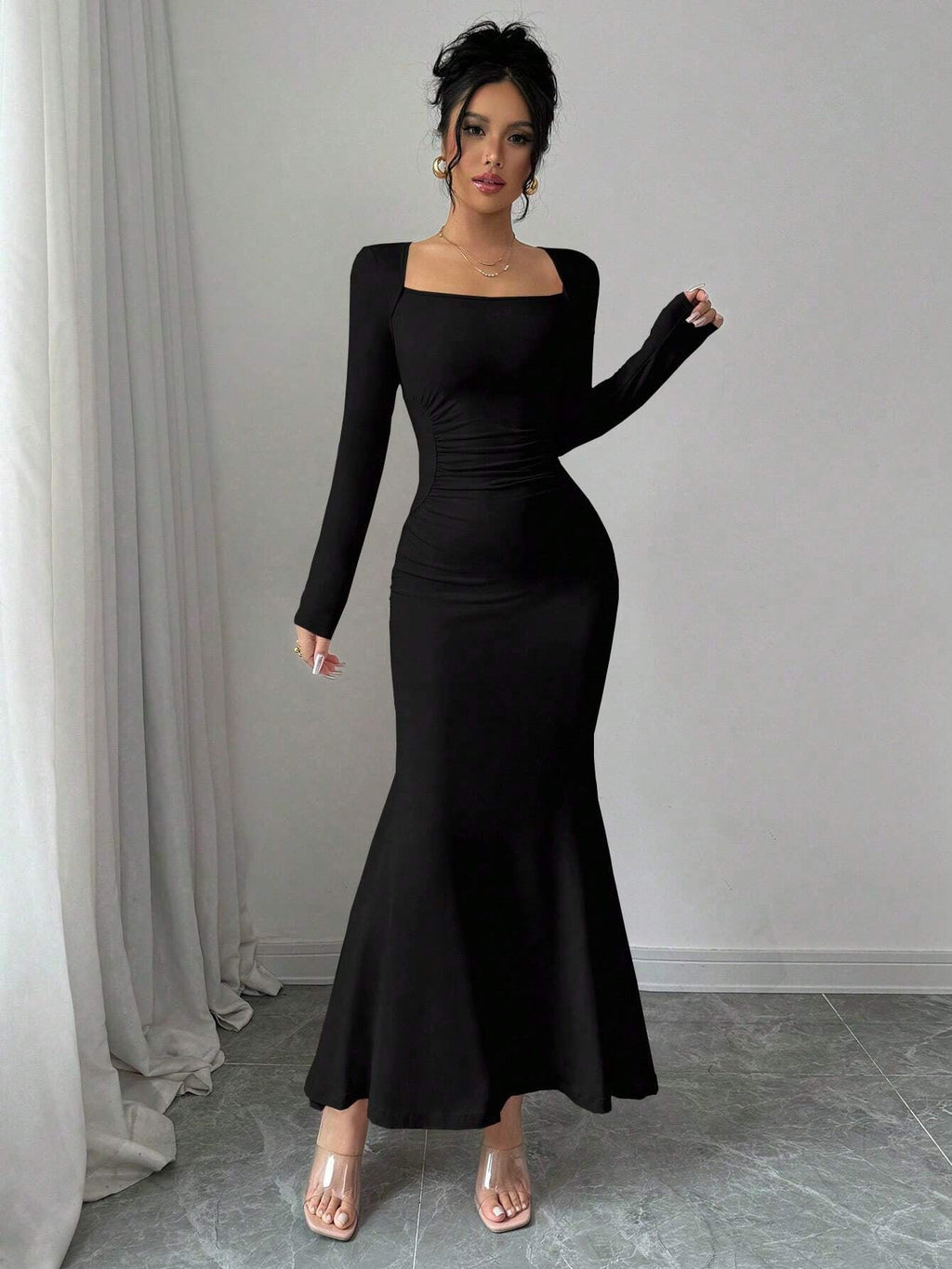 European And American Ladies Fashion Elegant Tight Elastic Sexy Long-Sleeved Fishtail Dress Long Dress